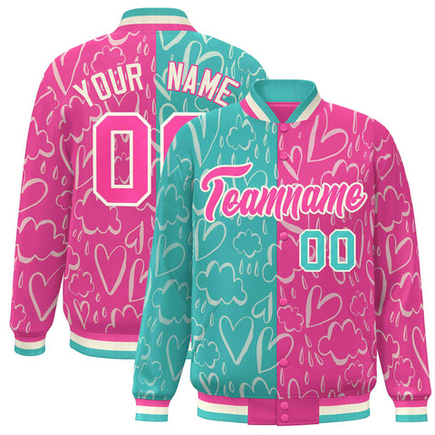 Custom Pink Aqua Split Fashion Letterman Bomber Graffiti Pattern Baseball Jacket
