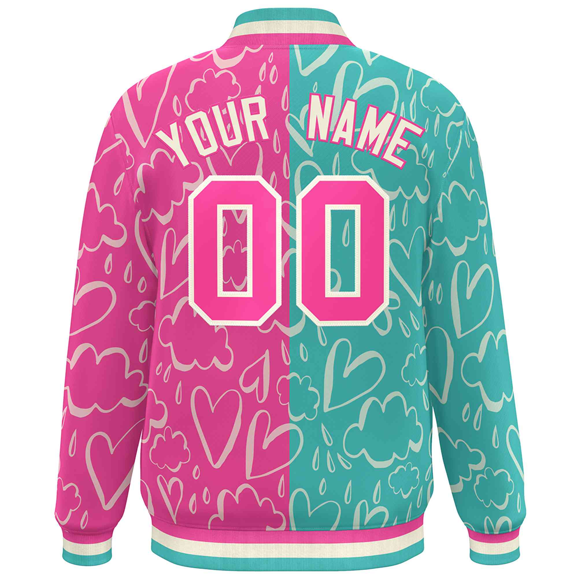 Custom Pink Aqua Split Fashion Letterman Bomber Graffiti Pattern Baseball Jacket