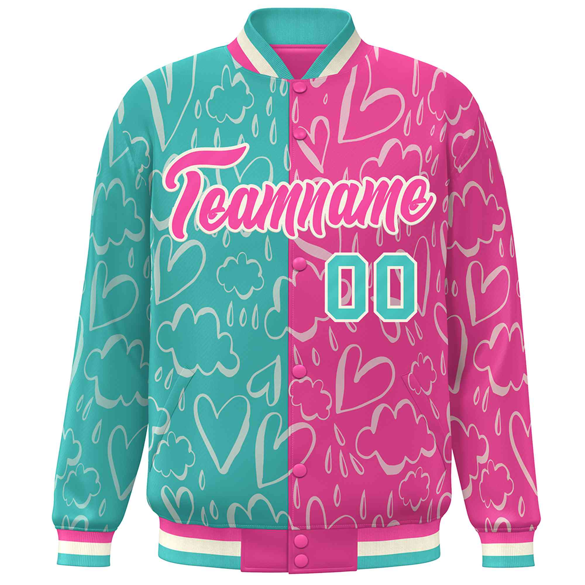 Custom Pink Aqua Split Fashion Letterman Bomber Graffiti Pattern Baseball Jacket