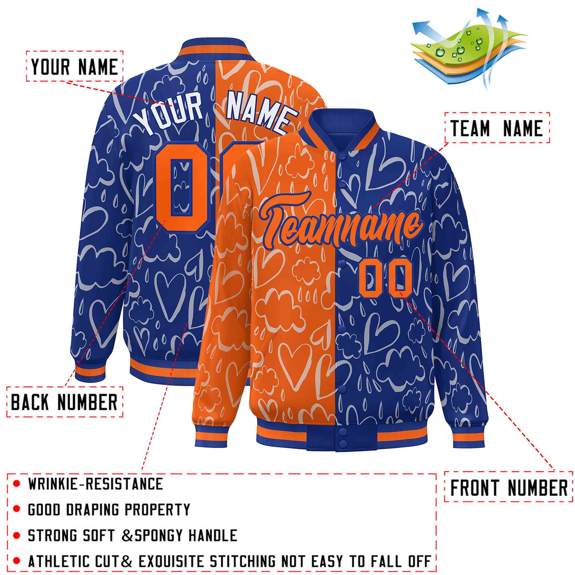 Custom Royal Orange Split Fashion Letterman Bomber Graffiti Pattern Baseball Jacket