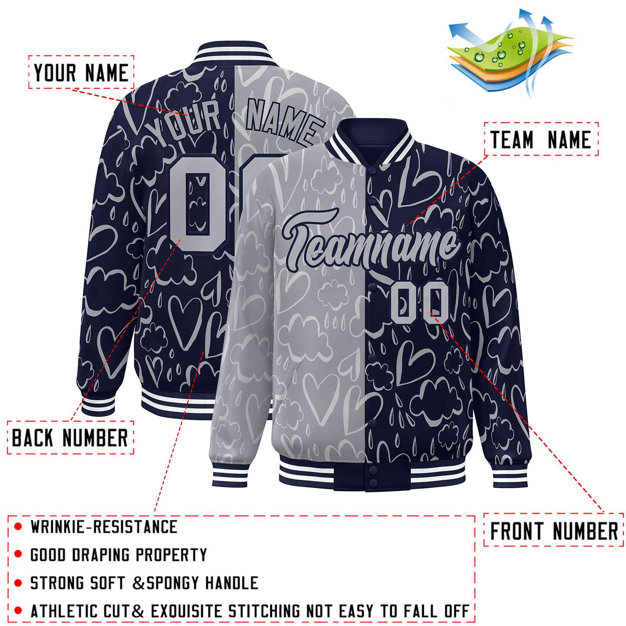 Custom Navy Gray Split Fashion Letterman Bomber Graffiti Pattern Baseball Jacket