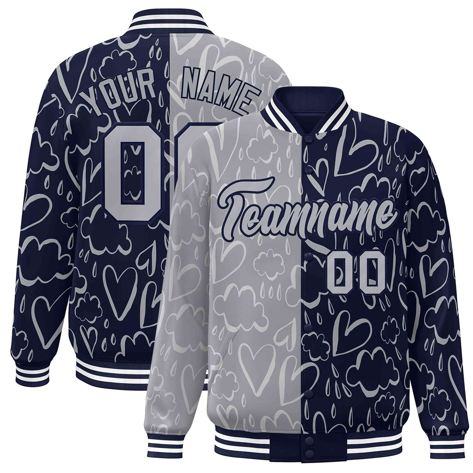 Custom Navy Gray Split Fashion Letterman Bomber Graffiti Pattern Baseball Jacket