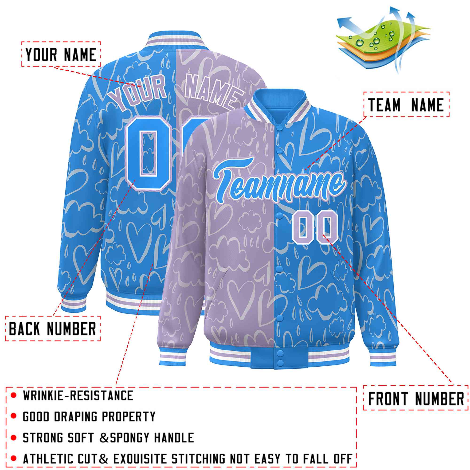 Custom Powder Blue Lt Purple Split Fashion Letterman Bomber Graffiti Pattern Baseball Jacket