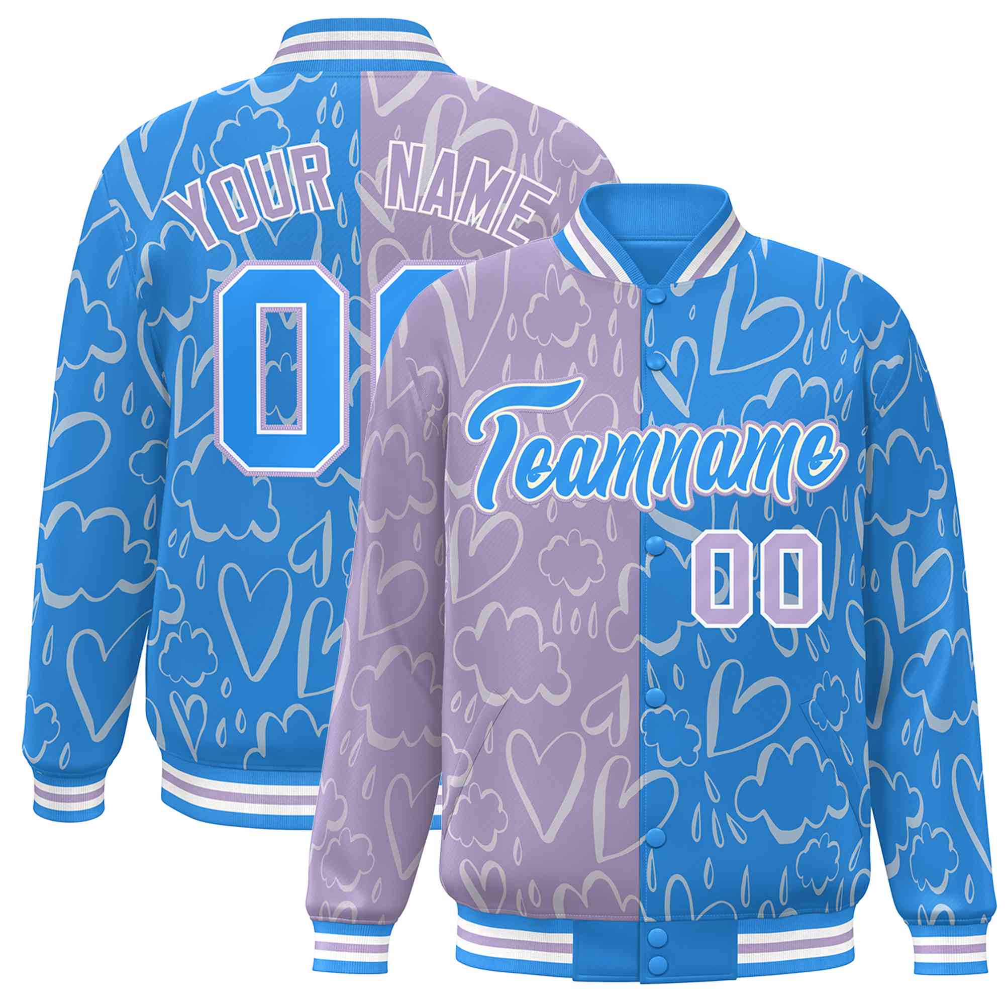 Custom Powder Blue Lt Purple Split Fashion Letterman Bomber Graffiti Pattern Baseball Jacket