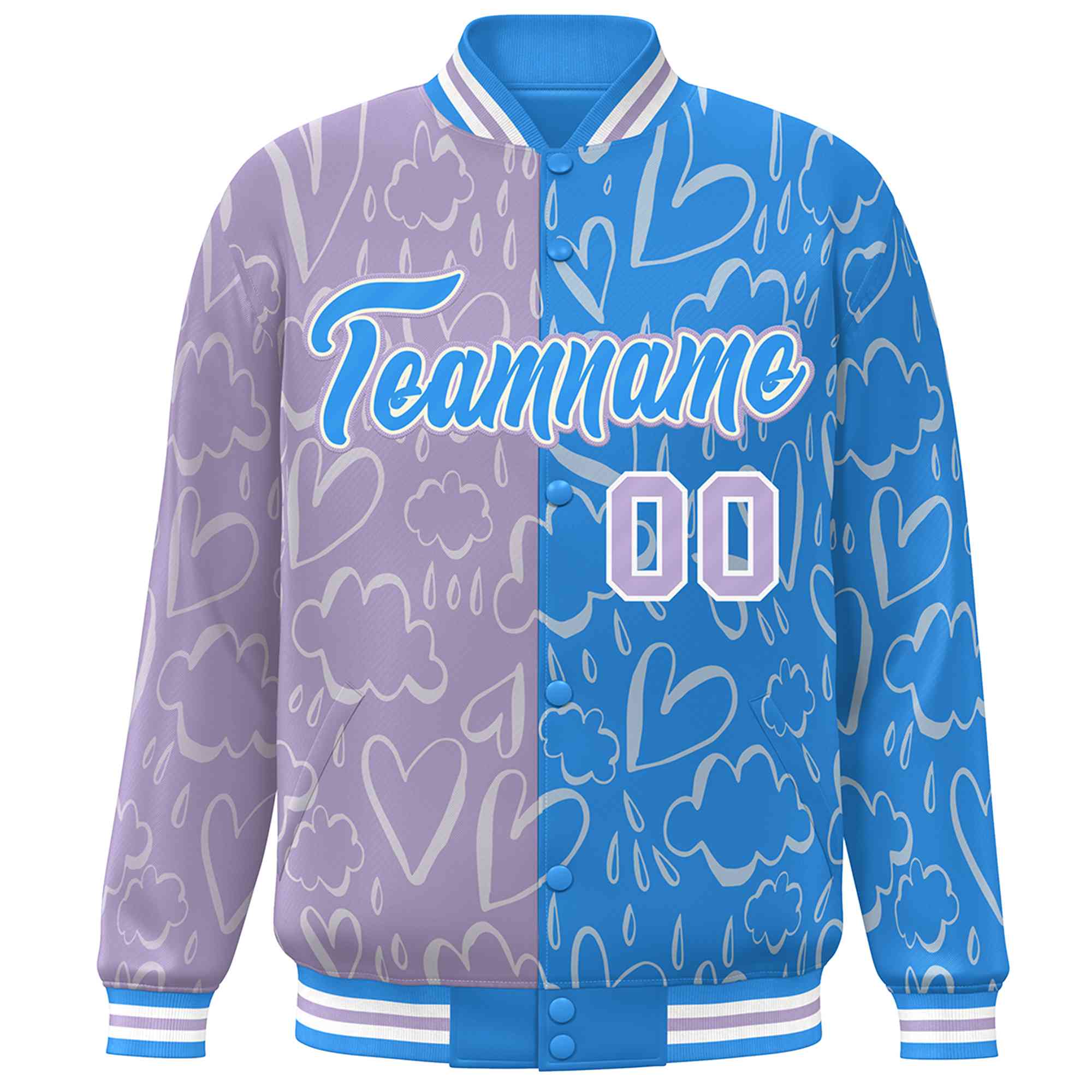 Custom Powder Blue Lt Purple Split Fashion Letterman Bomber Graffiti Pattern Baseball Jacket