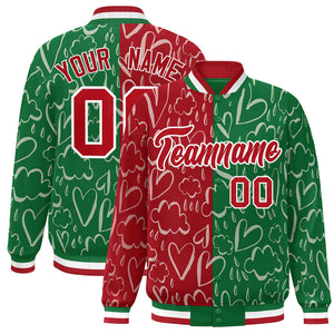 Custom Kelly Green Red Split Fashion Letterman Bomber Graffiti Pattern Baseball Jacket