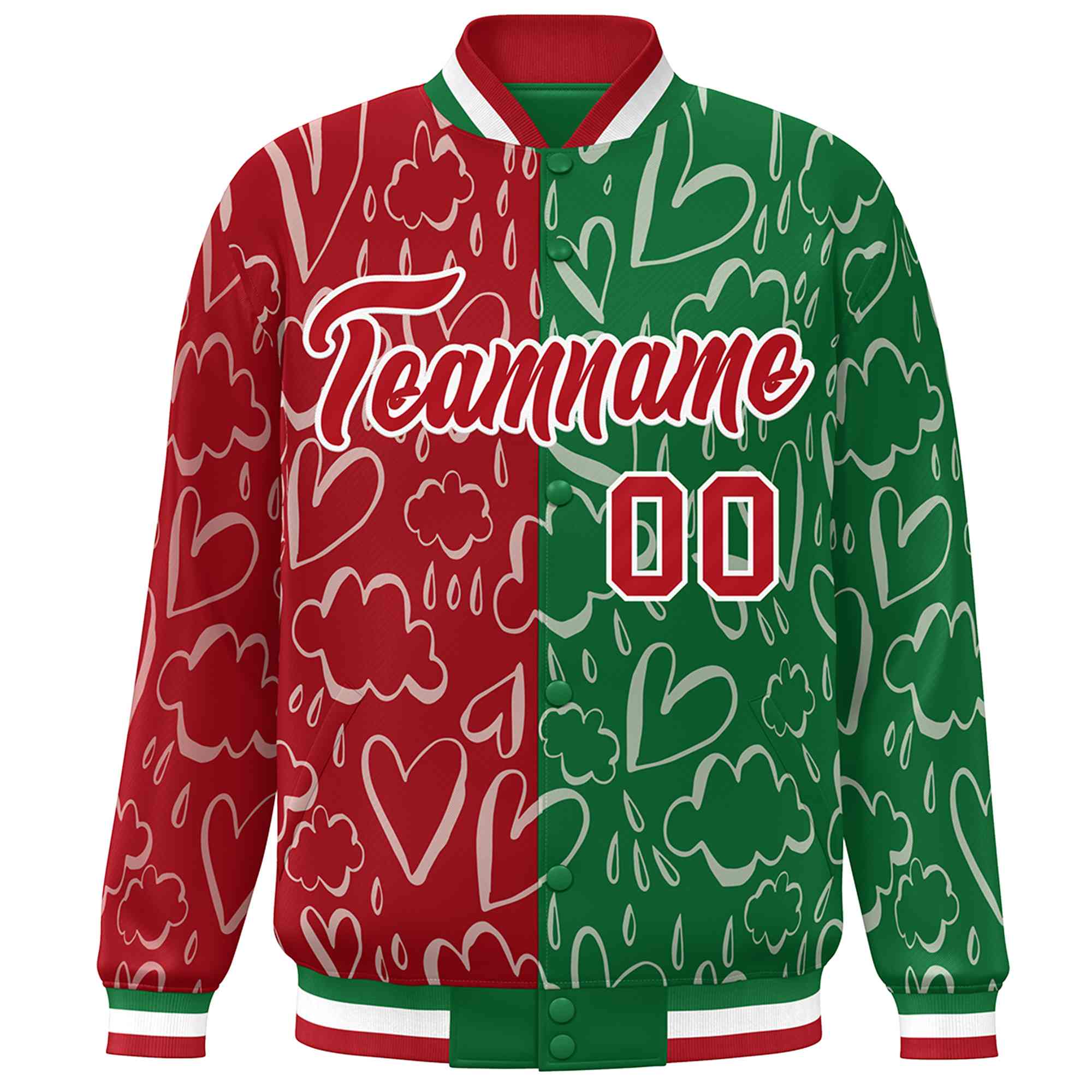 Custom Kelly Green Red Split Fashion Letterman Bomber Graffiti Pattern Baseball Jacket