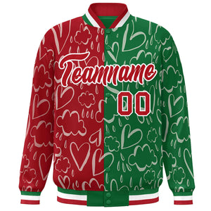 Custom Kelly Green Red Split Fashion Letterman Bomber Graffiti Pattern Baseball Jacket