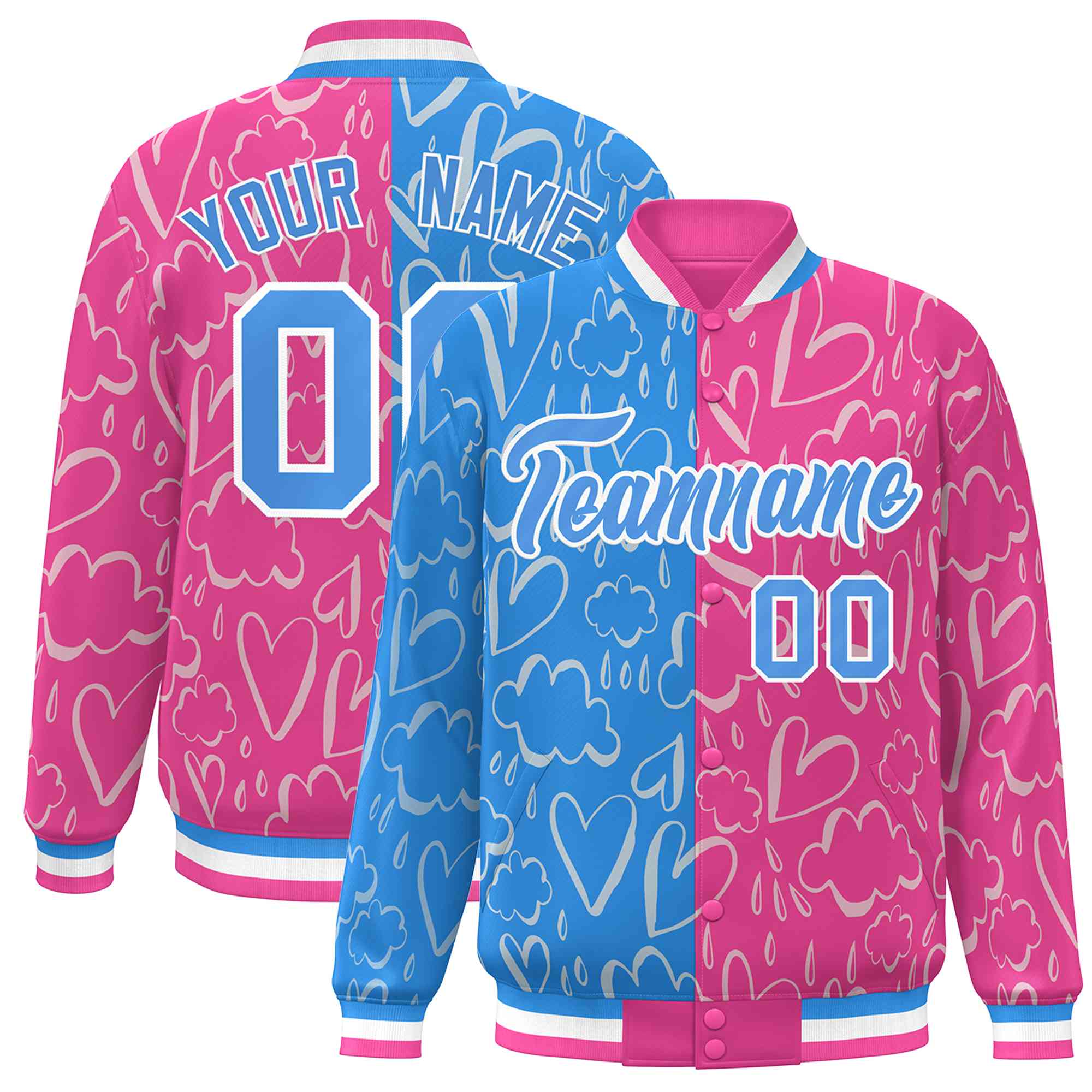 Custom Pink Powder Blue Split Fashion Letterman Bomber Graffiti Pattern Baseball Jacket