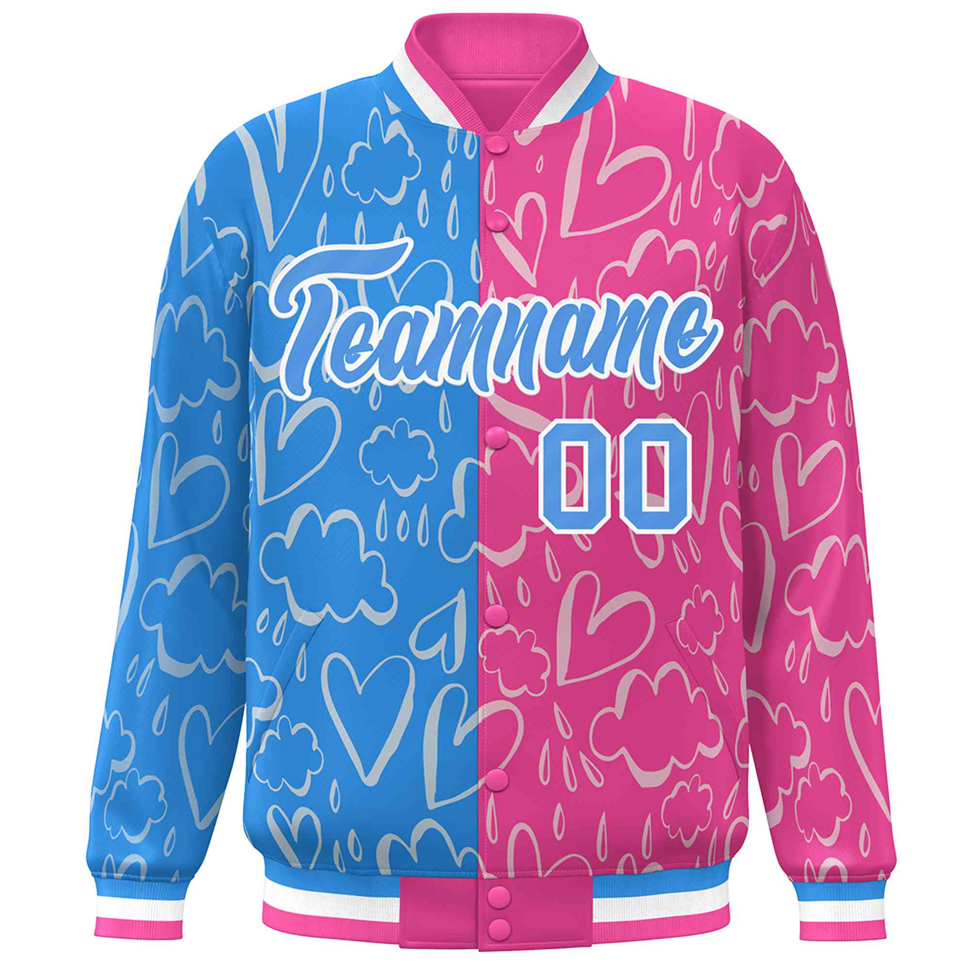 Custom Pink Powder Blue Split Fashion Letterman Bomber Graffiti Pattern Baseball Jacket