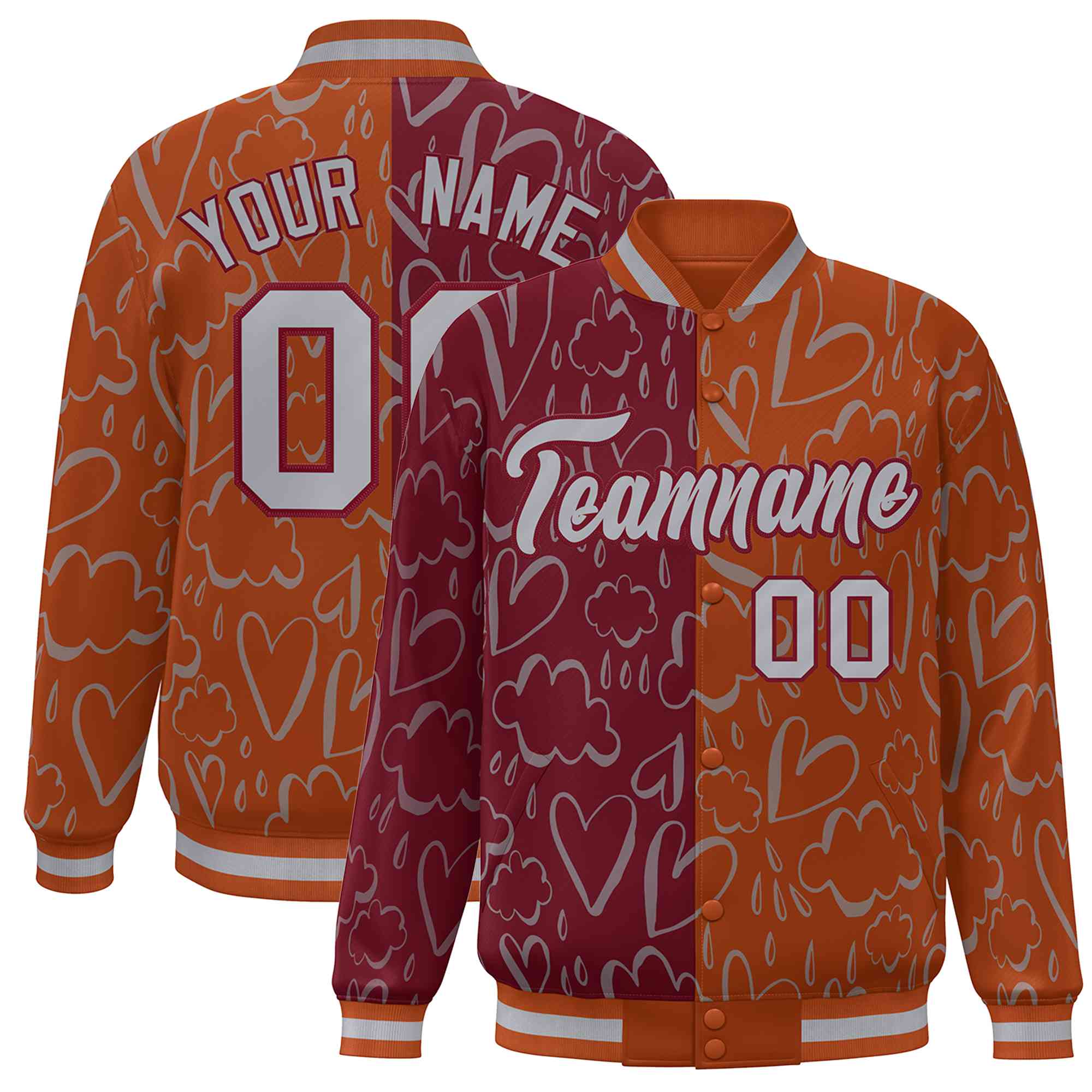 Custom Texas Orange Crimson-Gray Split Fashion Letterman Bomber Graffiti Pattern Baseball Jacket