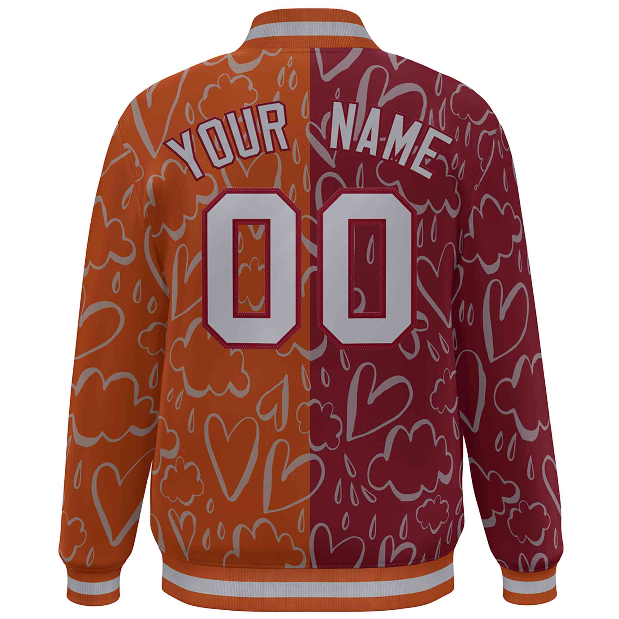 Custom Texas Orange Crimson-Gray Split Fashion Letterman Bomber Graffiti Pattern Baseball Jacket