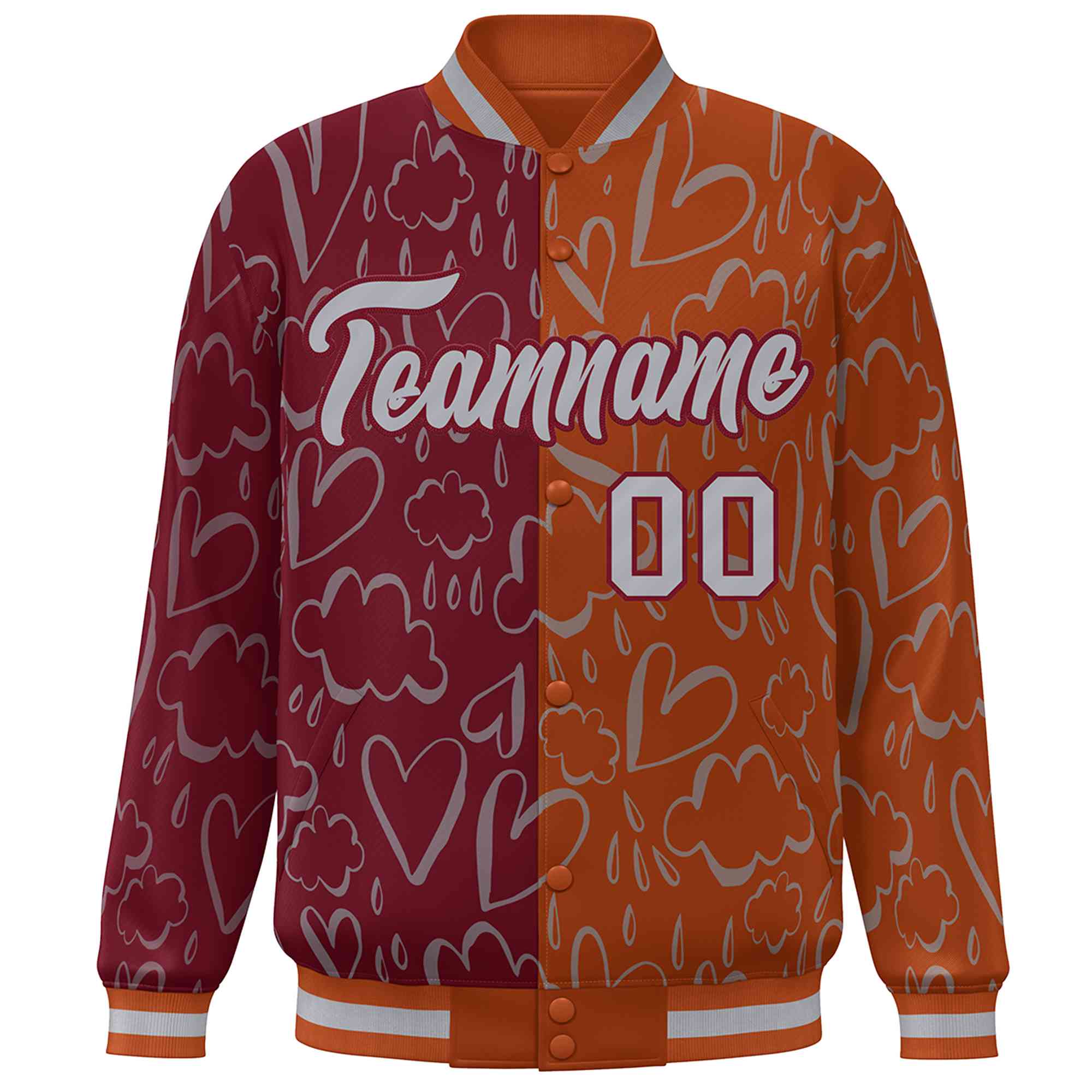 Custom Texas Orange Crimson-Gray Split Fashion Letterman Bomber Graffiti Pattern Baseball Jacket