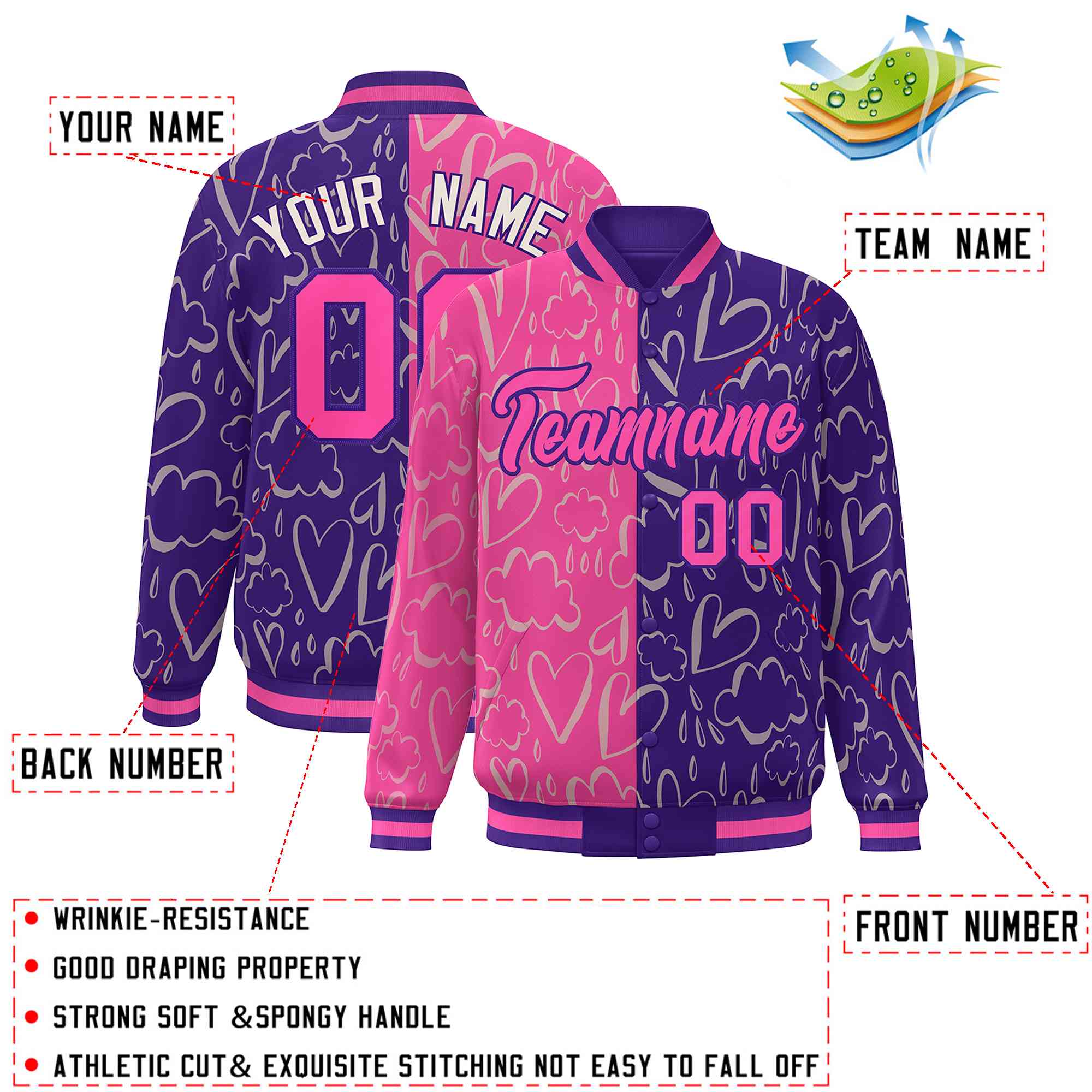 Custom Purple Pink Split Fashion Letterman Bomber Graffiti Pattern Baseball Jacket