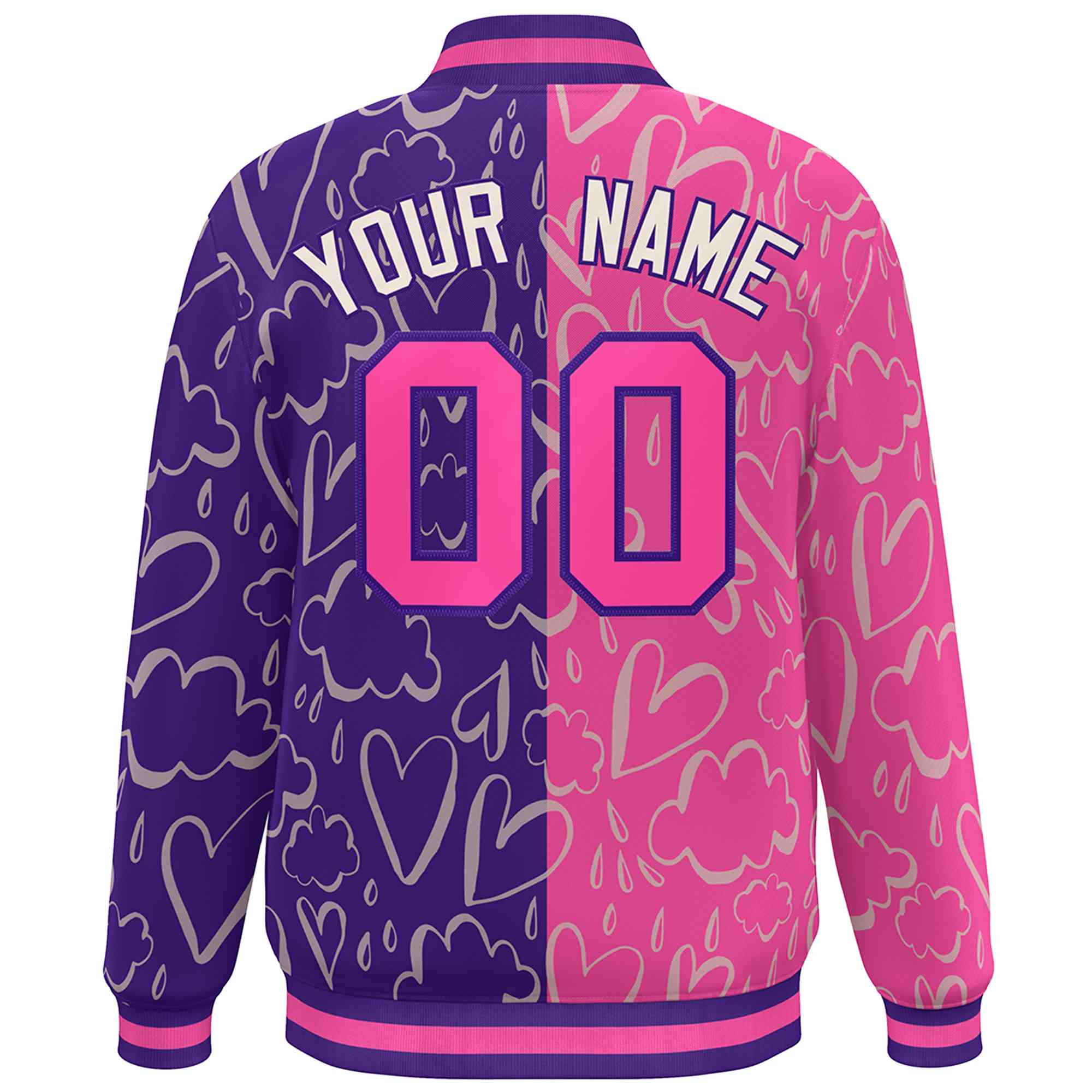 Custom Purple Pink Split Fashion Letterman Bomber Graffiti Pattern Baseball Jacket