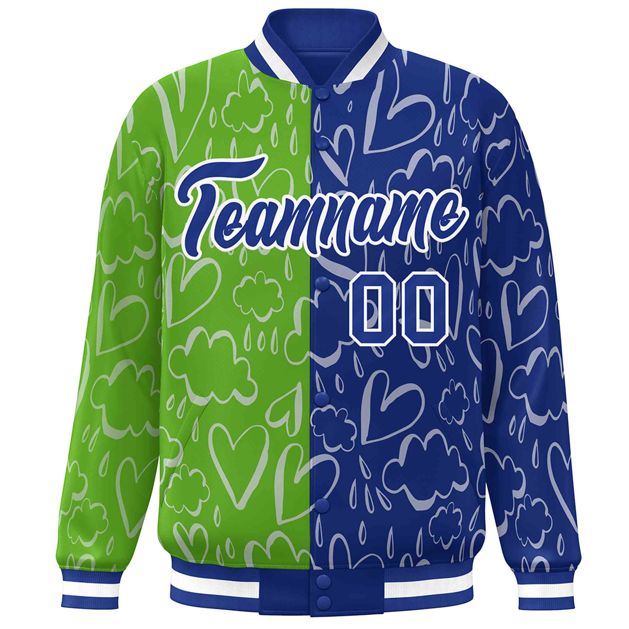 Custom Green Royal-White Split Fashion Letterman Bomber Graffiti Pattern Baseball Jacket