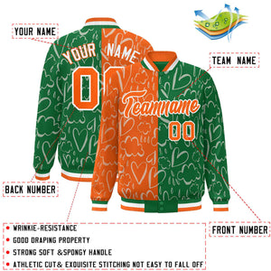 Custom Kelly Green Orange Split Fashion Letterman Bomber Graffiti Pattern Baseball Jacket