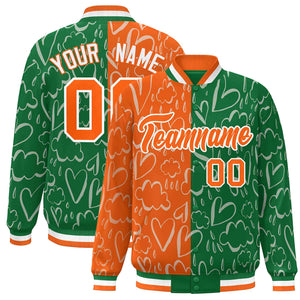 Custom Kelly Green Orange Split Fashion Letterman Bomber Graffiti Pattern Baseball Jacket