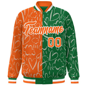 Custom Kelly Green Orange Split Fashion Letterman Bomber Graffiti Pattern Baseball Jacket