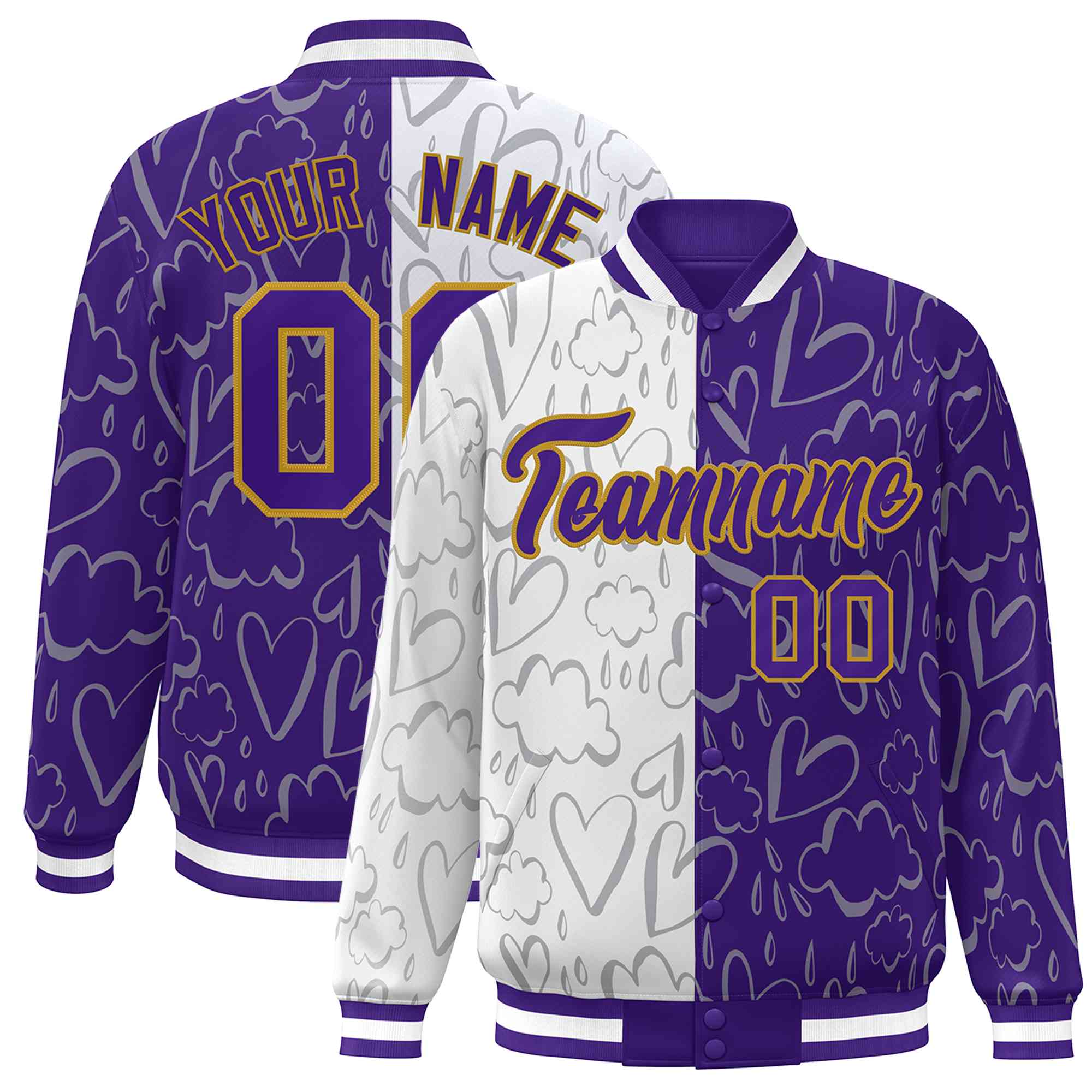 Custom Purple White Split Fashion Letterman Bomber Graffiti Pattern Baseball Jacket