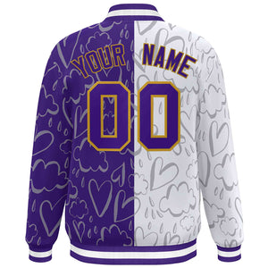 Custom Purple White Split Fashion Letterman Bomber Graffiti Pattern Baseball Jacket