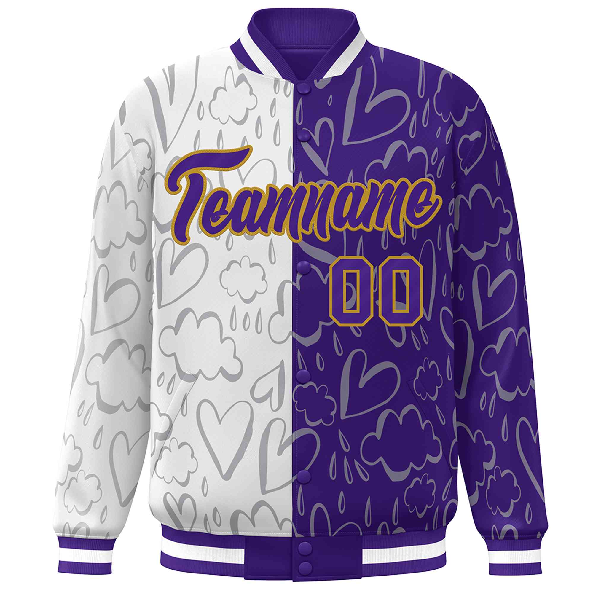 Custom Purple White Split Fashion Letterman Bomber Graffiti Pattern Baseball Jacket