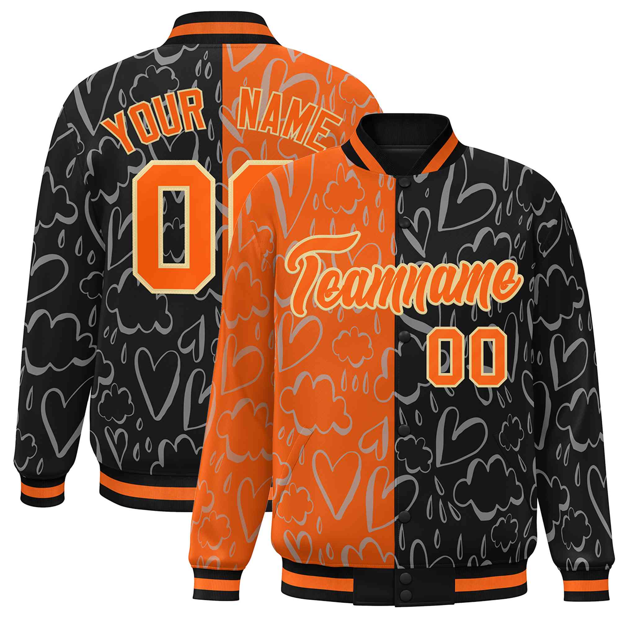 Custom Black Orange Split Fashion Letterman Bomber Graffiti Pattern Baseball Jacket