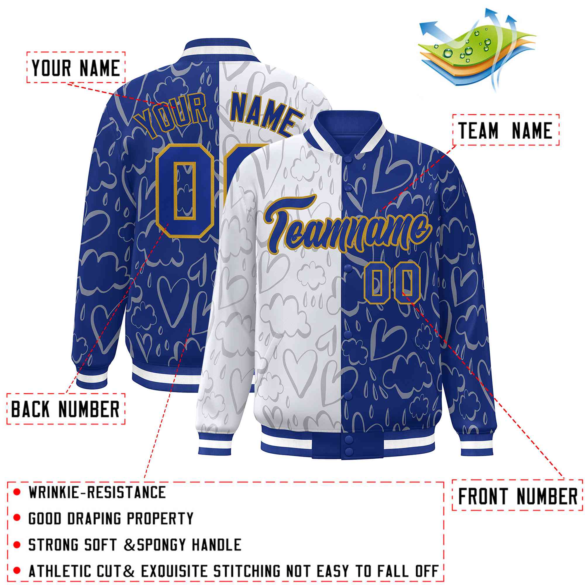 Custom Royal White Split Fashion Letterman Bomber Graffiti Pattern Baseball Jacket