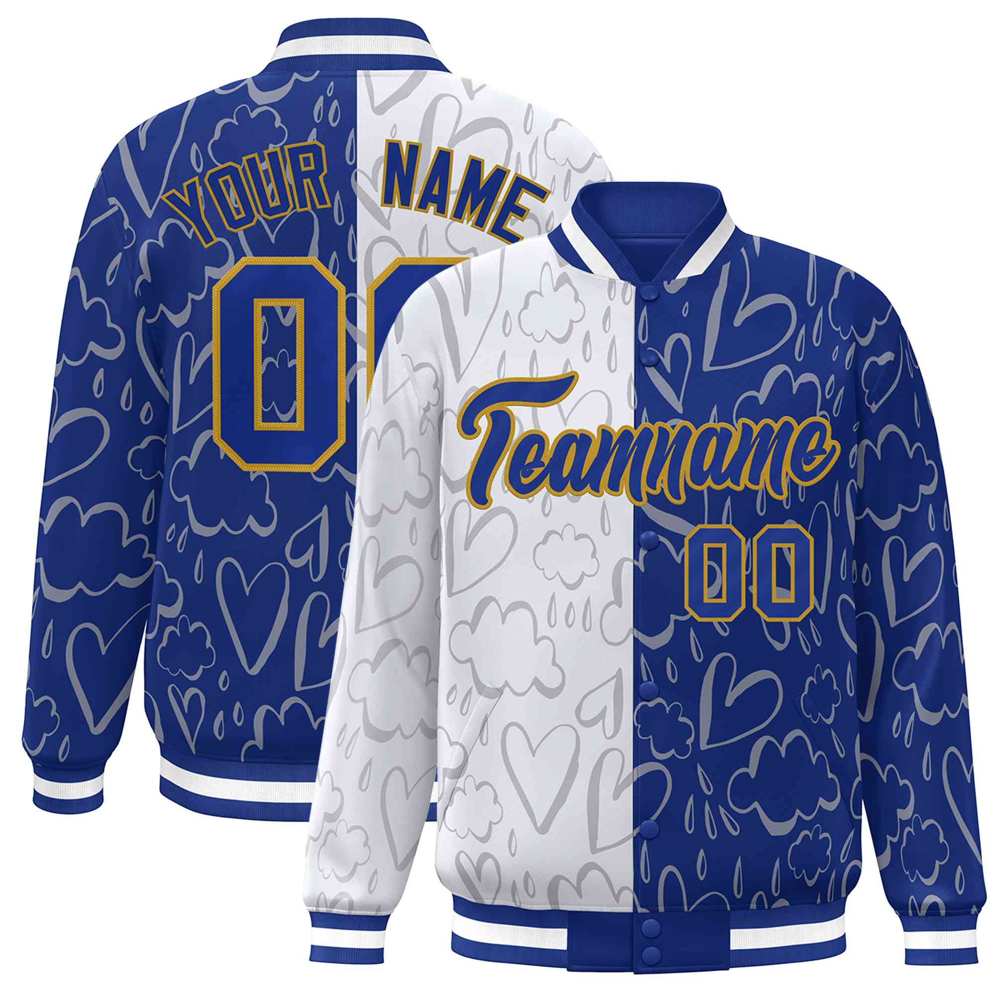 Custom Royal White Split Fashion Letterman Bomber Graffiti Pattern Baseball Jacket