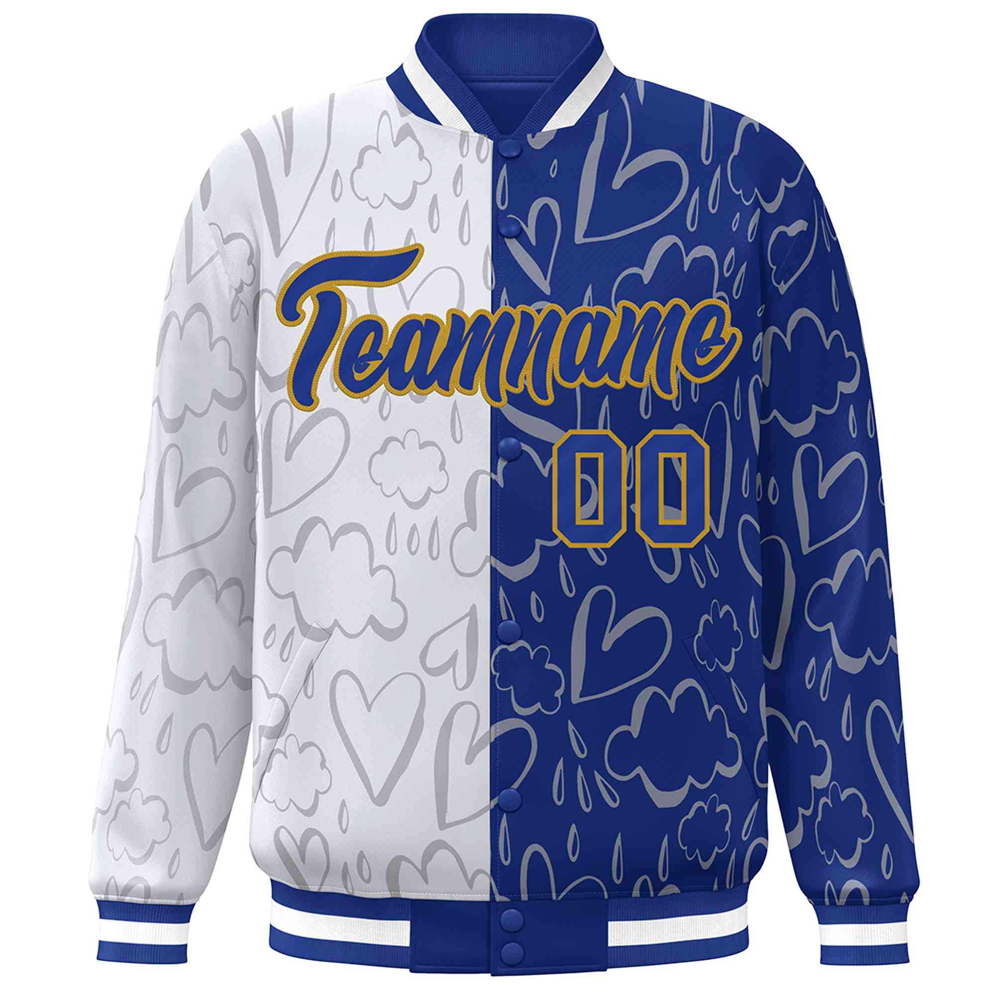 Custom Royal White Split Fashion Letterman Bomber Graffiti Pattern Baseball Jacket