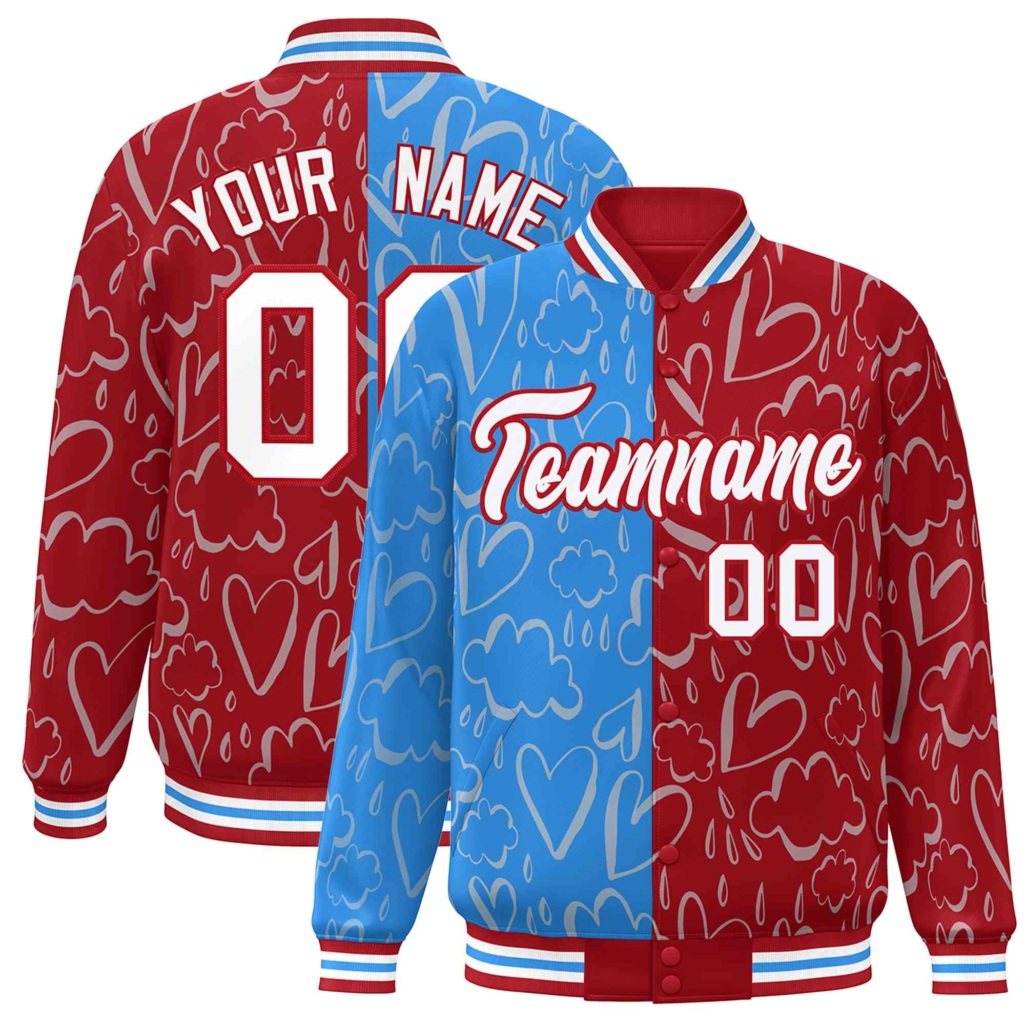 Custom Red Powder Blue-White Split Fashion Letterman Bomber Graffiti Pattern Baseball Jacket