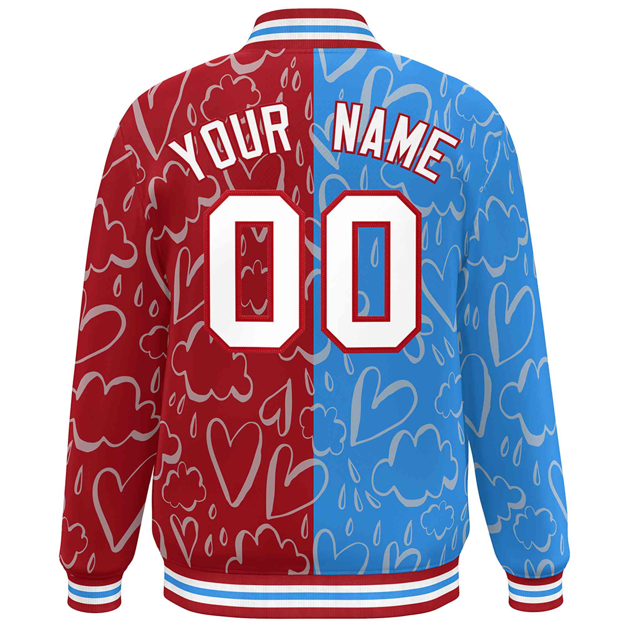 Custom Red Powder Blue-White Split Fashion Letterman Bomber Graffiti Pattern Baseball Jacket