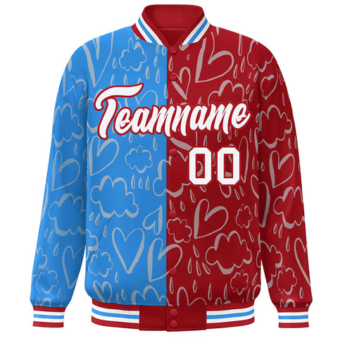 Custom Red Powder Blue-White Split Fashion Letterman Bomber Graffiti Pattern Baseball Jacket