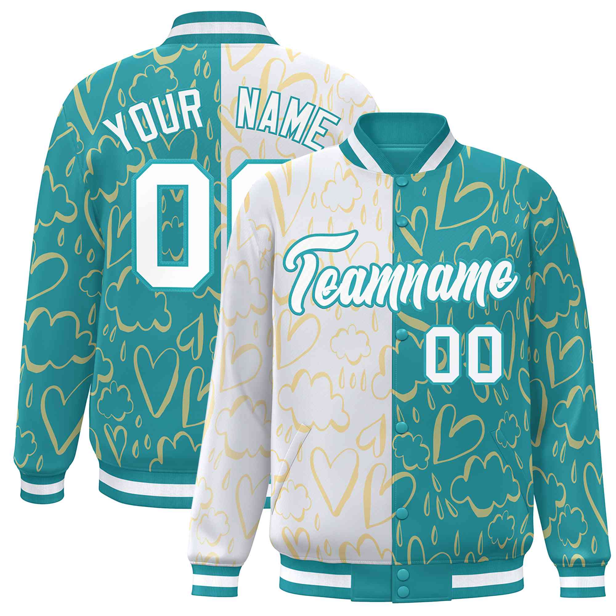 Custom Aqua White Split Fashion Letterman Bomber Graffiti Pattern Baseball Jacket