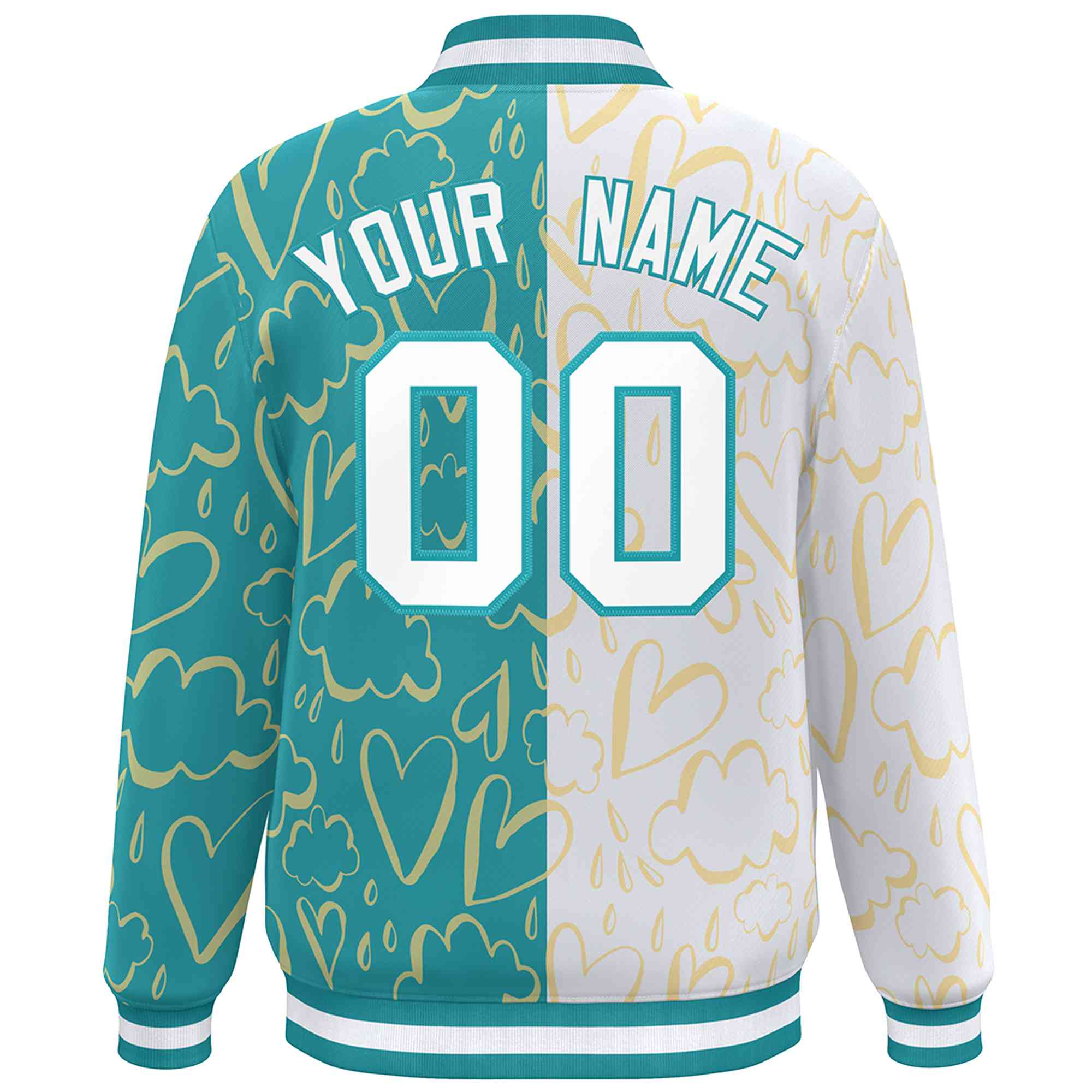 Custom Aqua White Split Fashion Letterman Bomber Graffiti Pattern Baseball Jacket