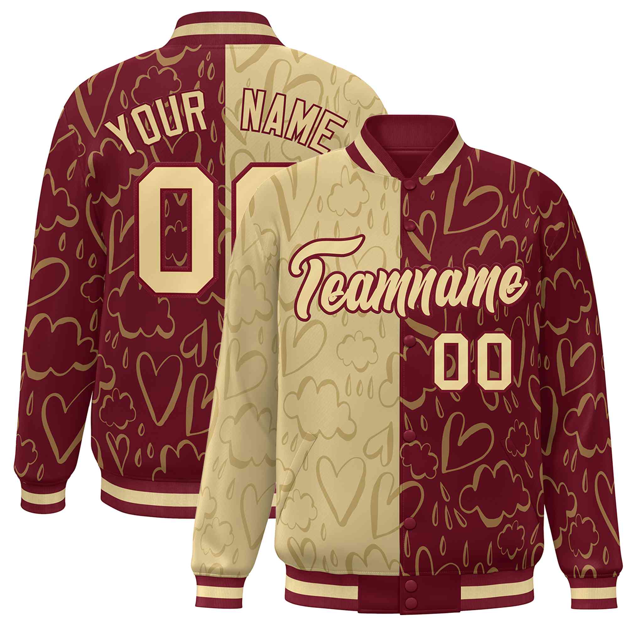 Custom Crimson Khaki Split Fashion Letterman Bomber Graffiti Pattern Baseball Jacket