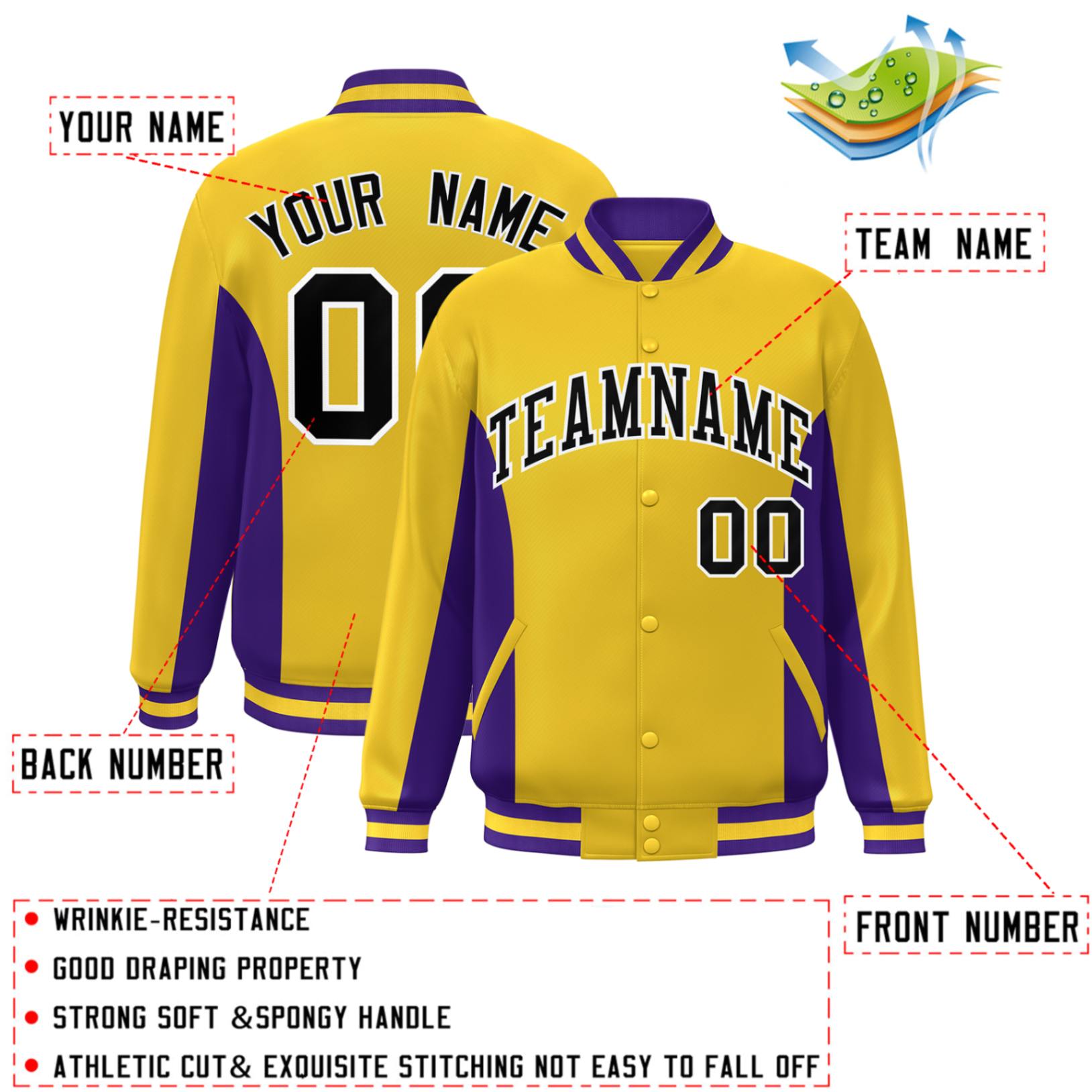 Custom Gold Purple-Black Varsity Full-Snap Color Block Letterman Baseball Jacket