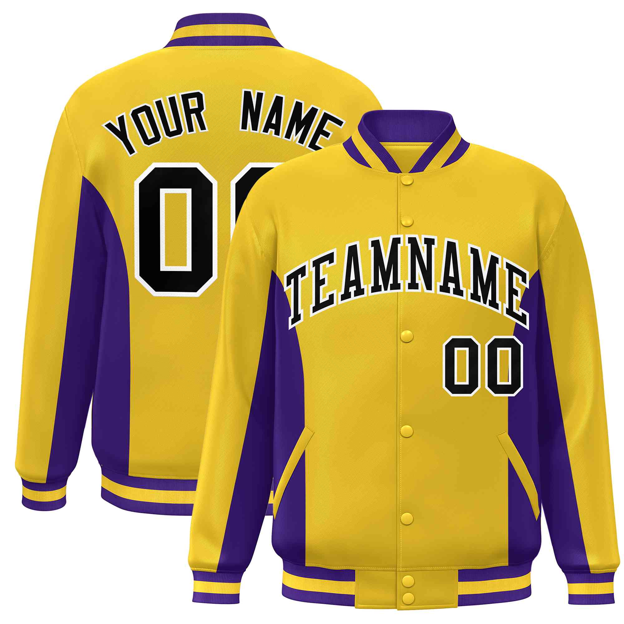 Custom Gold Purple-Black Varsity Full-Snap Color Block Letterman Baseball Jacket