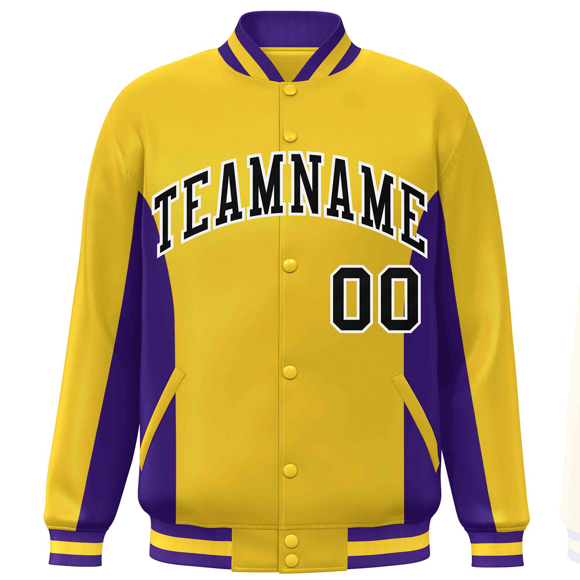 Custom Gold Purple-Black Varsity Full-Snap Color Block Letterman Baseball Jacket