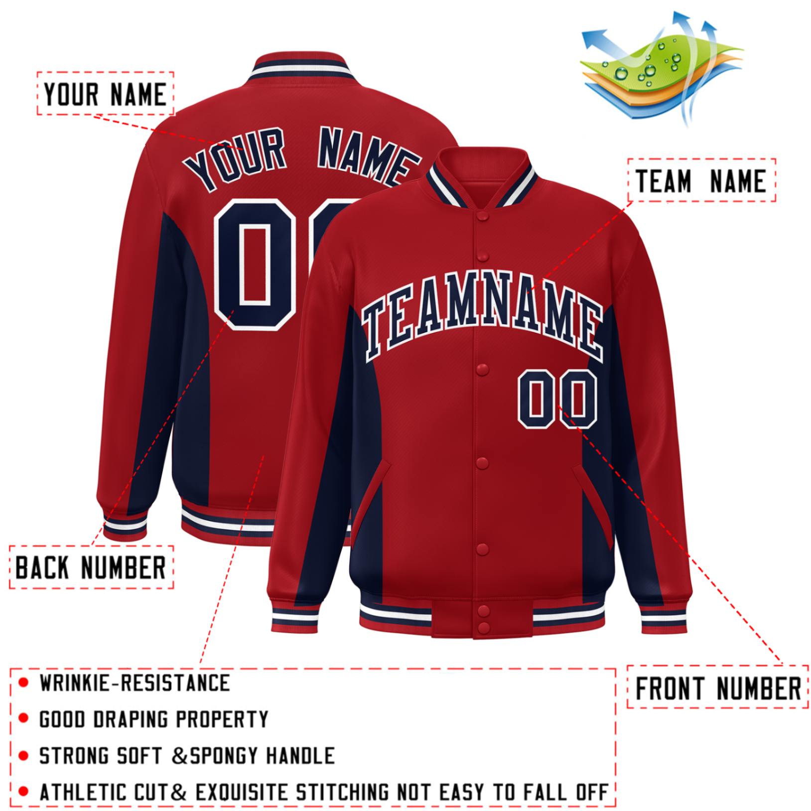 Custom Red Navy Varsity Full-Snap Color Block Letterman Baseball Jacket