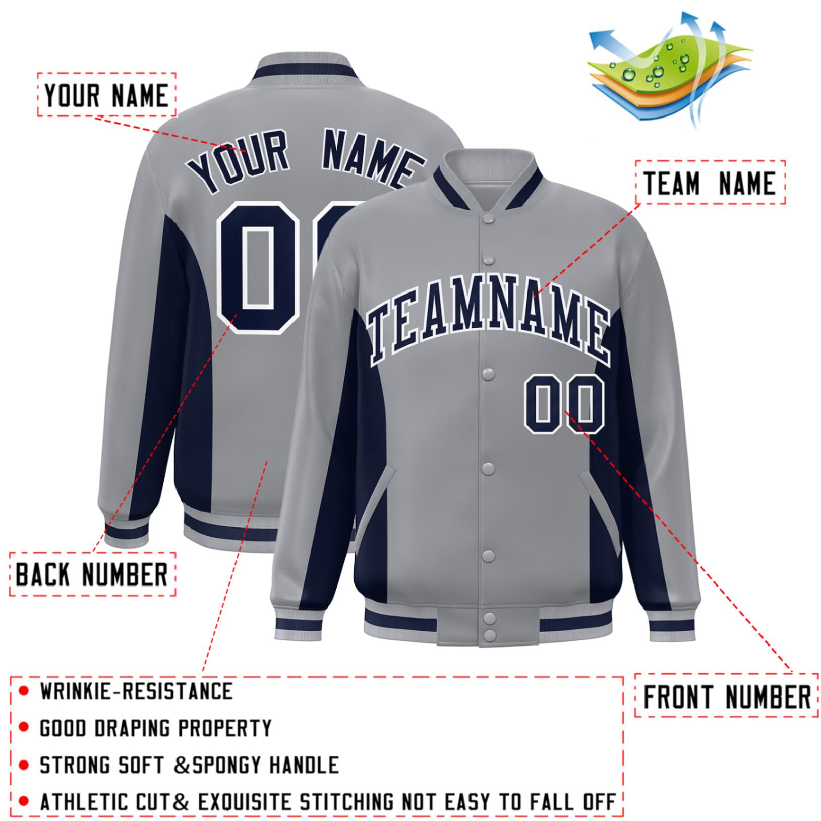 Custom Gray Navy Varsity Full-Snap Color Block Letterman Baseball Jacket