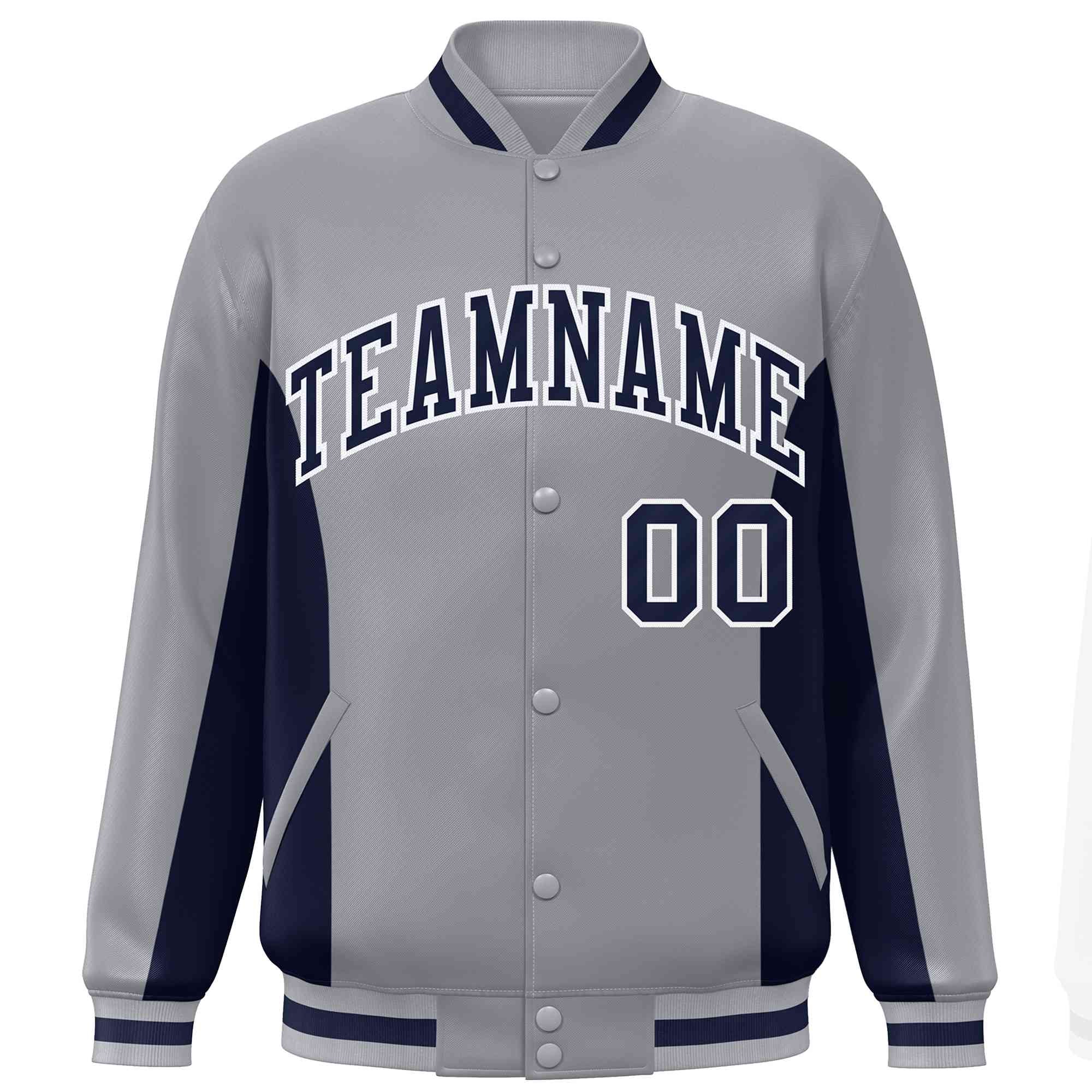 Custom Gray Navy Varsity Full-Snap Color Block Letterman Baseball Jacket