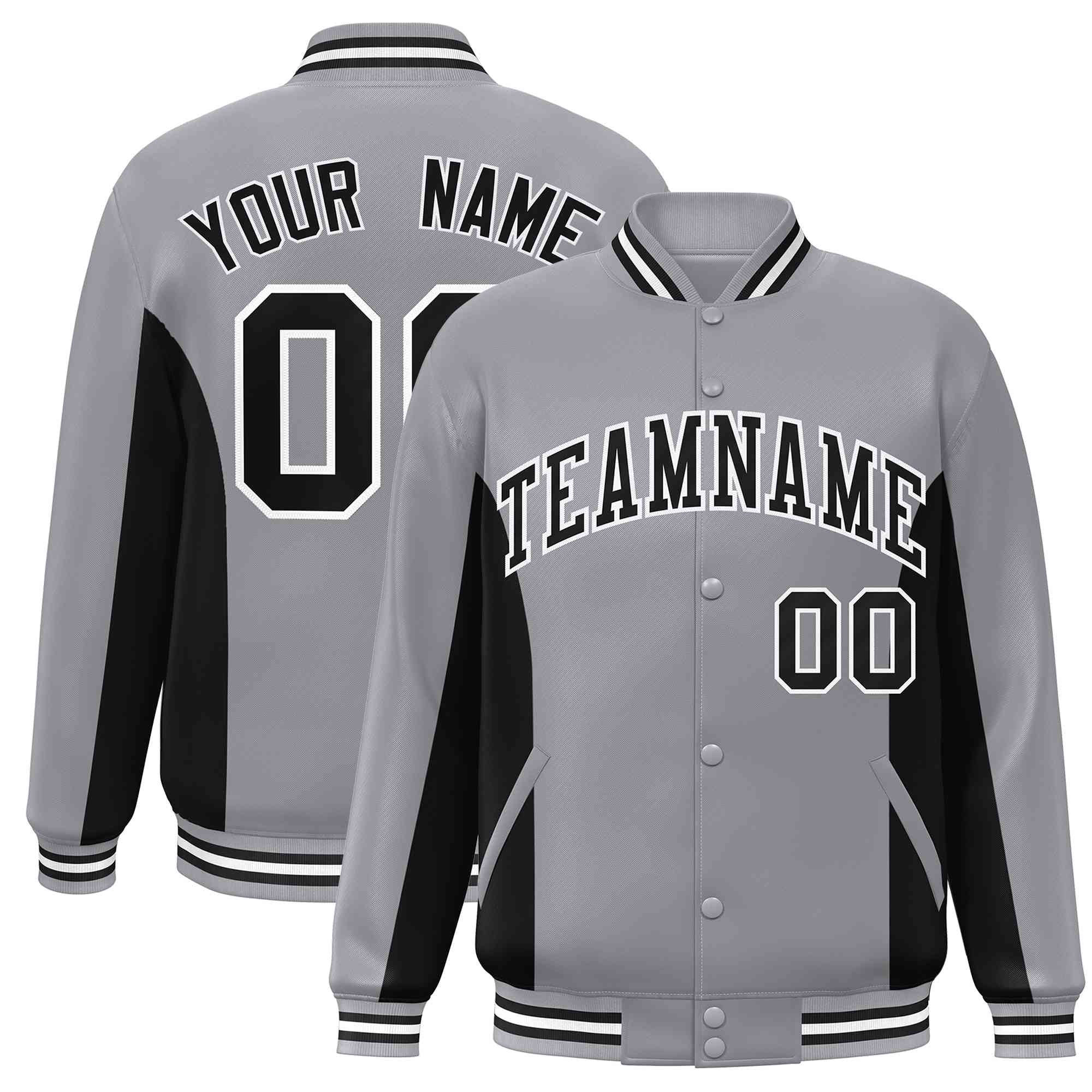 Custom Gray Black Varsity Full-Snap Color Block Letterman Baseball Jacket