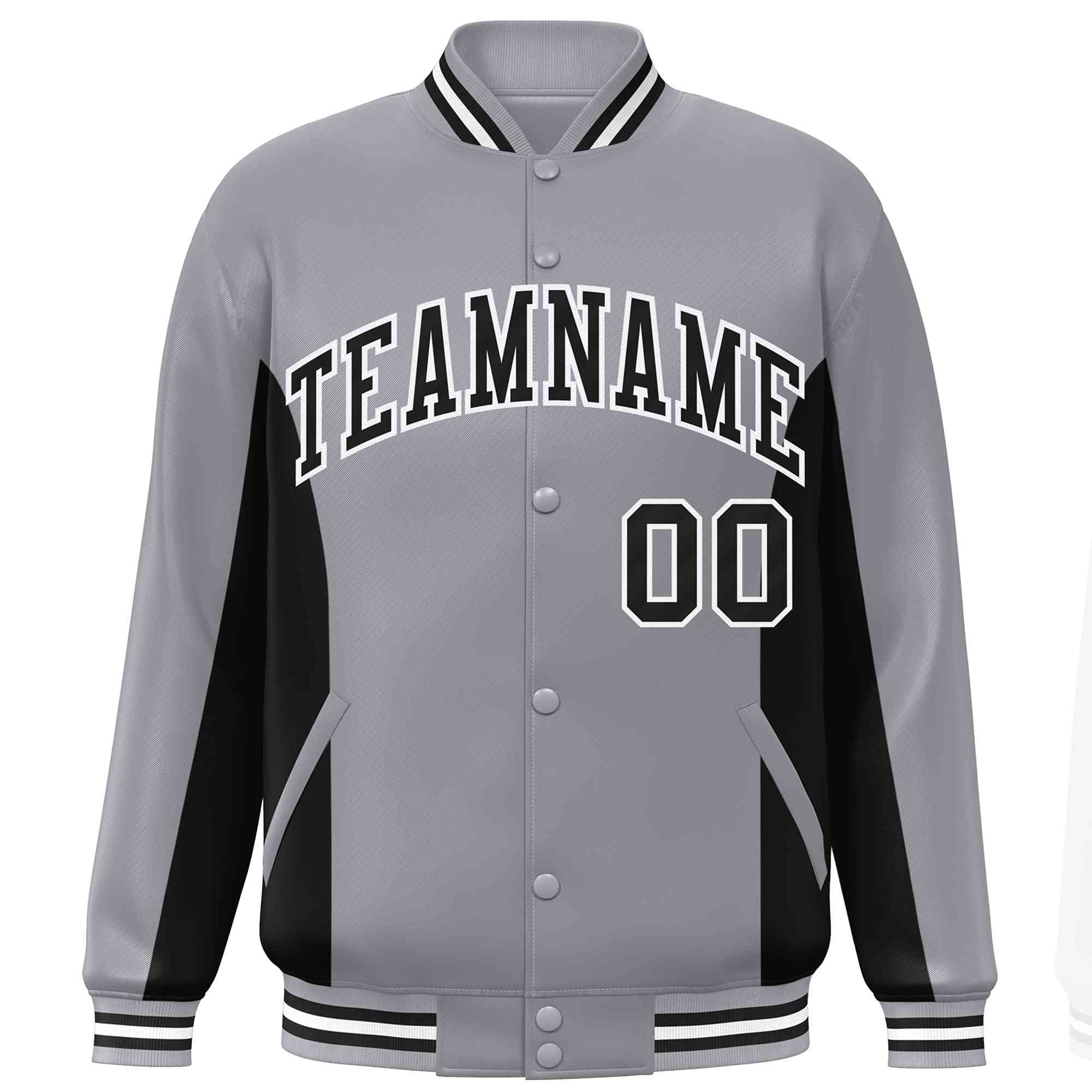 Custom Gray Black Varsity Full-Snap Color Block Letterman Baseball Jacket