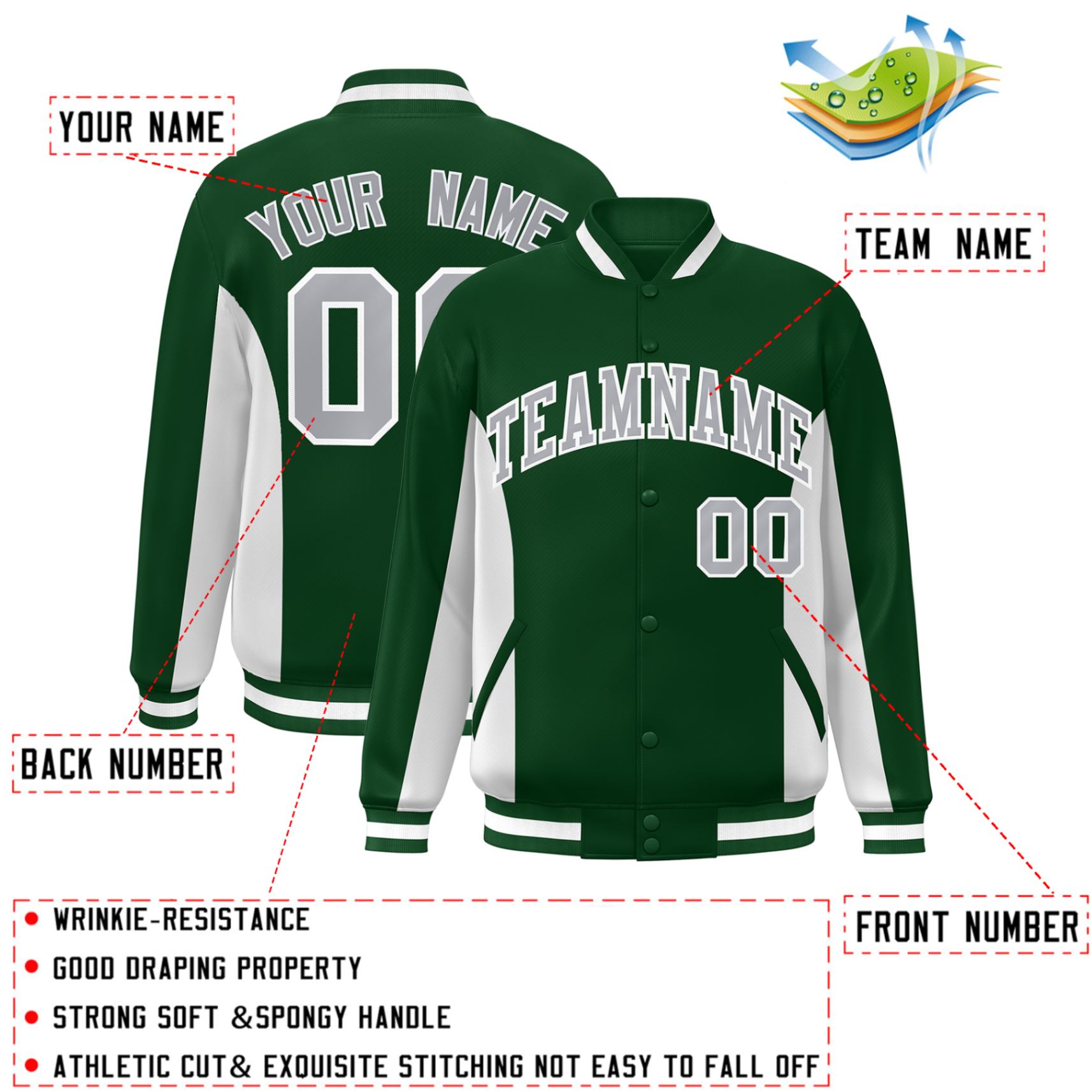 Custom Green White-Gray Varsity Full-Snap Color Block Letterman Baseball Jacket