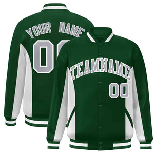 Custom Green White-Gray Varsity Full-Snap Color Block Letterman Baseball Jacket