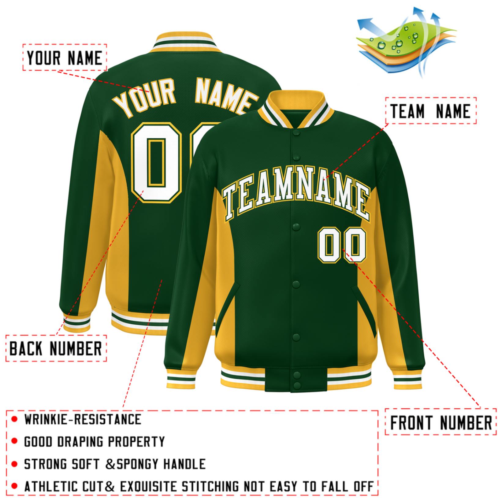 Custom Green Gold-White Varsity Full-Snap Color Block Letterman Baseball Jacket