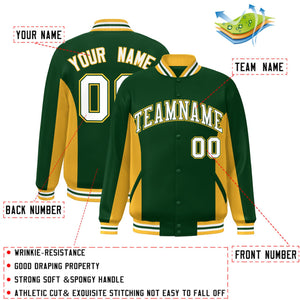 Custom Green Gold-White Varsity Full-Snap Color Block Letterman Baseball Jacket