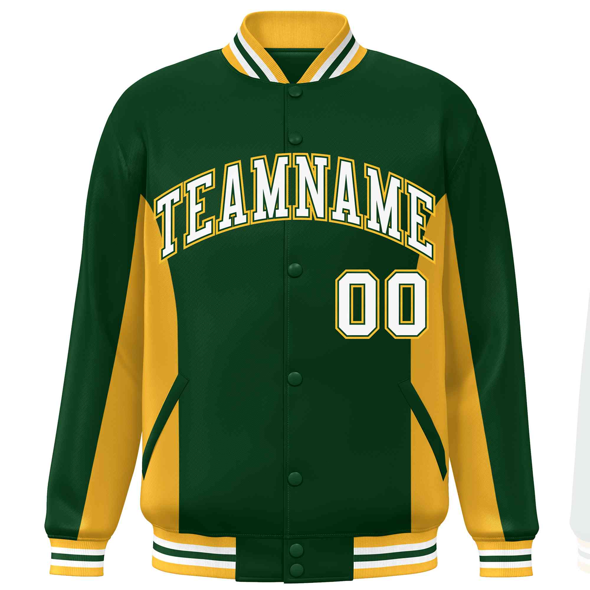 Custom Green Gold-White Varsity Full-Snap Color Block Letterman Baseball Jacket