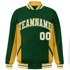 Custom Green Gold-White Varsity Full-Snap Color Block Letterman Baseball Jacket